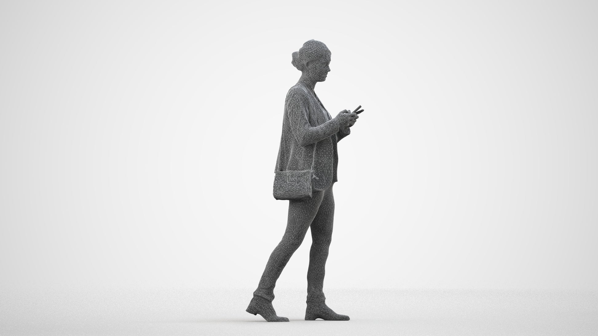 3D people model woman business walking, scanned human for 3ds Max rendering, wireframe side view