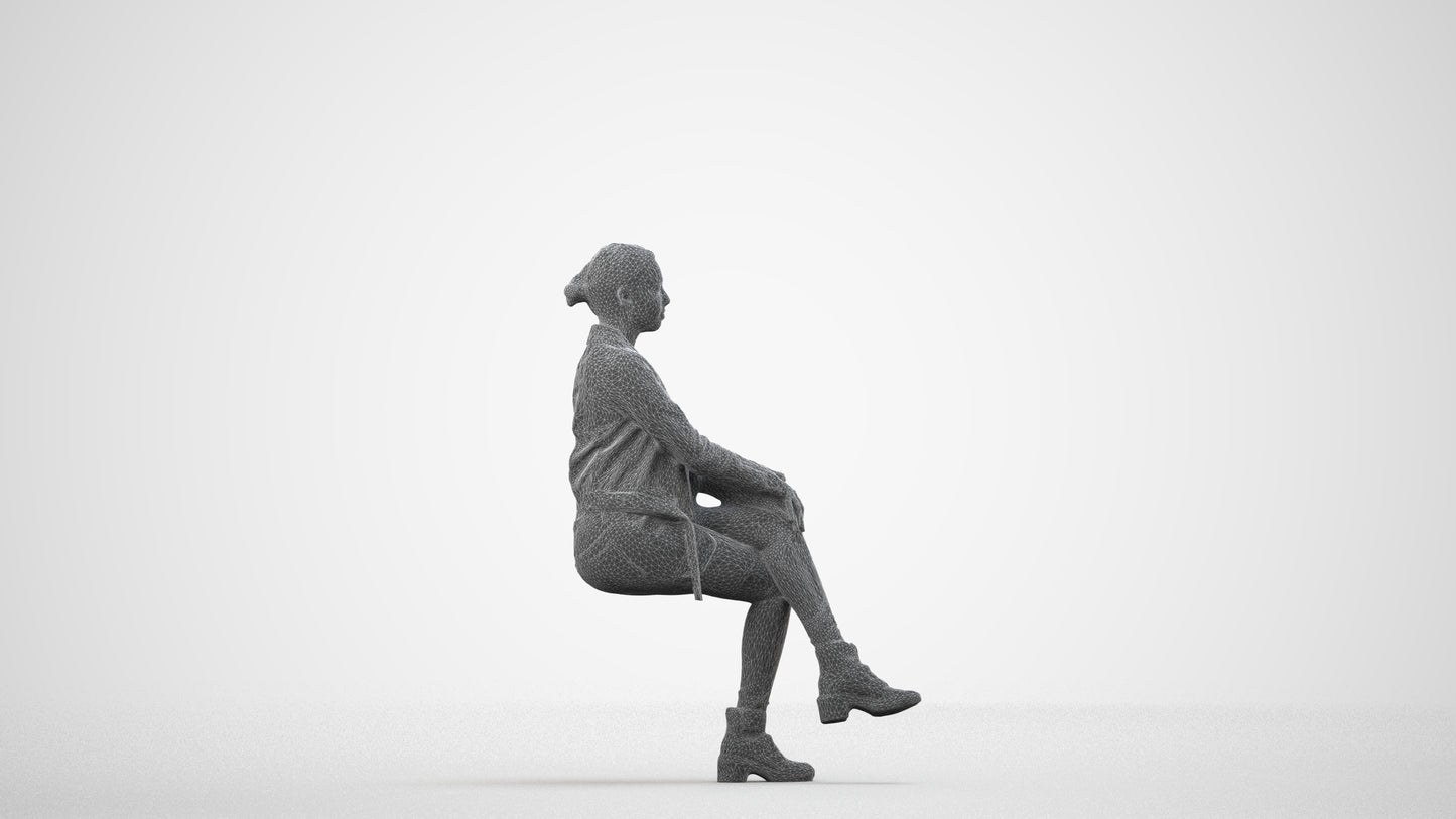 3D people model woman casual sitting, scanned human for 3ds Max rendering, wireframe side view