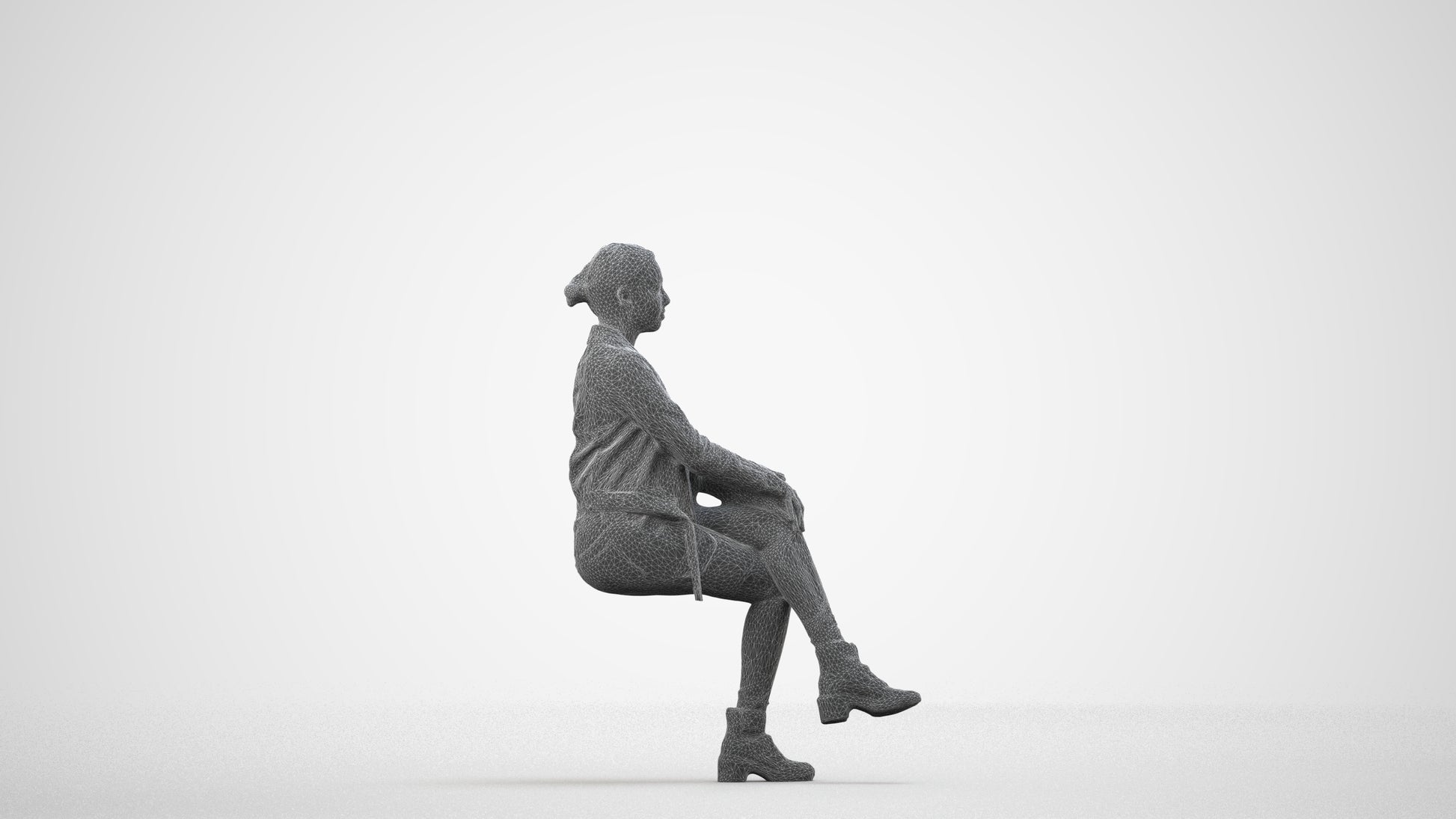 3D people model woman casual sitting, scanned human for 3ds Max rendering, wireframe side view