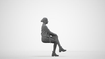 3D people model woman casual sitting, scanned human for 3ds Max rendering, wireframe side view