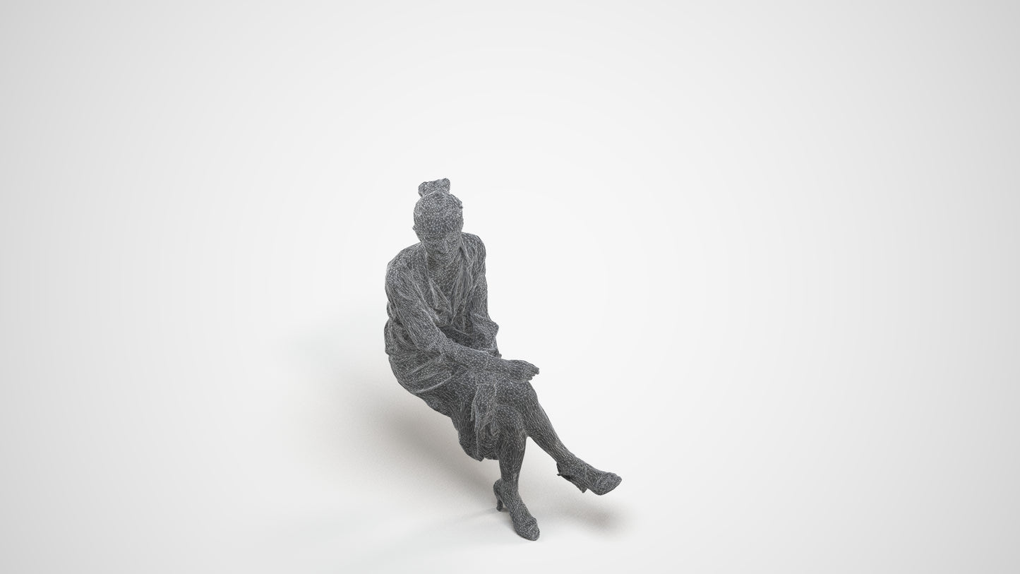 scanned 3D woman casual sitting, photogrammetry people for Enscape and V-Ray, wireframe three-quarter view