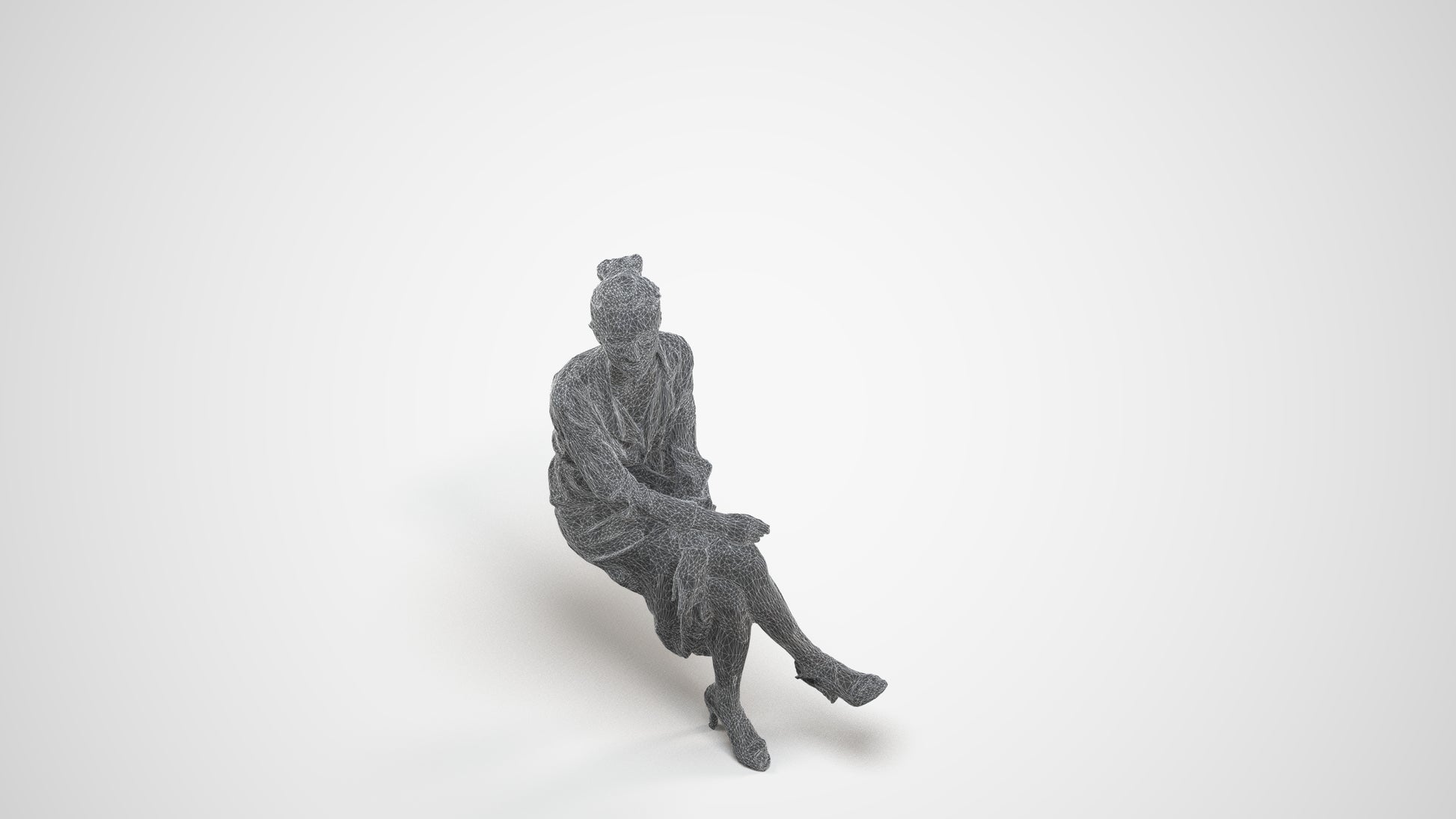 scanned 3D woman casual sitting, photogrammetry people for Enscape and V-Ray, wireframe three-quarter view