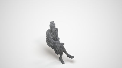 scanned 3D woman casual sitting, photogrammetry people for Enscape and V-Ray, wireframe three-quarter view