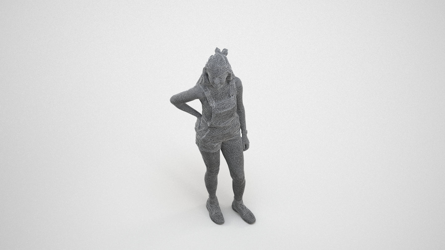 3D human model woman casual standing, photogrammetry scanned person for archviz, wireframe three-quarter view