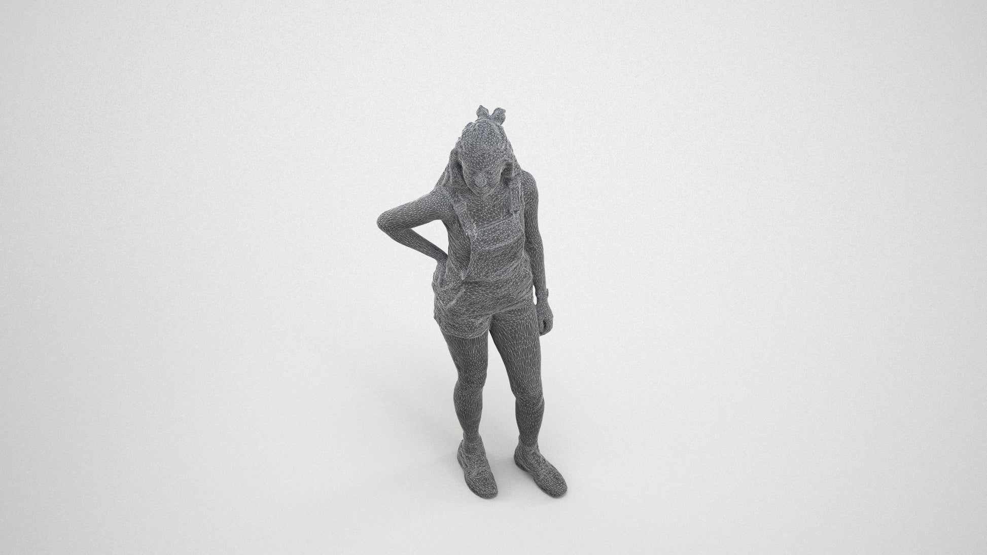 3D human model woman casual standing, photogrammetry scanned person for archviz, wireframe three-quarter view