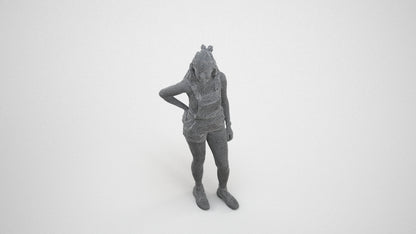 3D human model woman casual standing, photogrammetry scanned person for archviz, wireframe three-quarter view