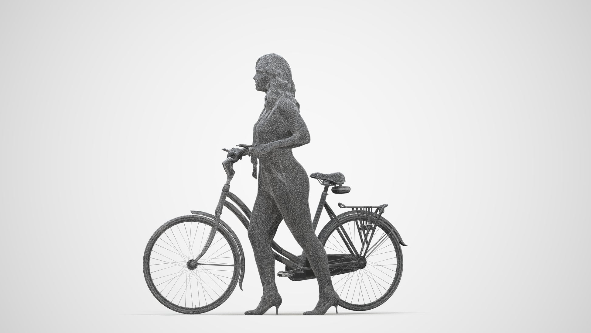 realistic 3D human woman casual cycling, archviz people FBX OBJ for Blender, wireframe back view
