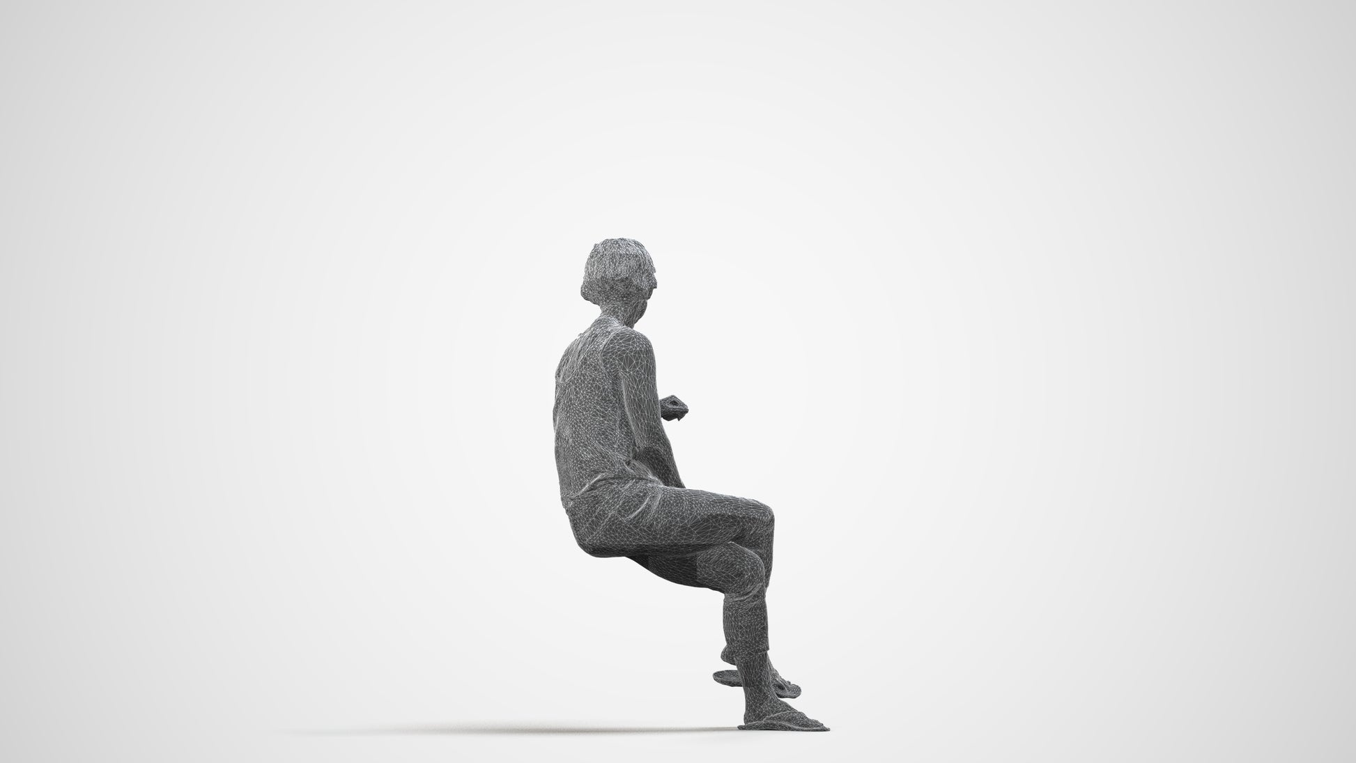 3D scanned senior woman sitting, photorealistic archviz people for Enscape and SketchUp, wireframe front view