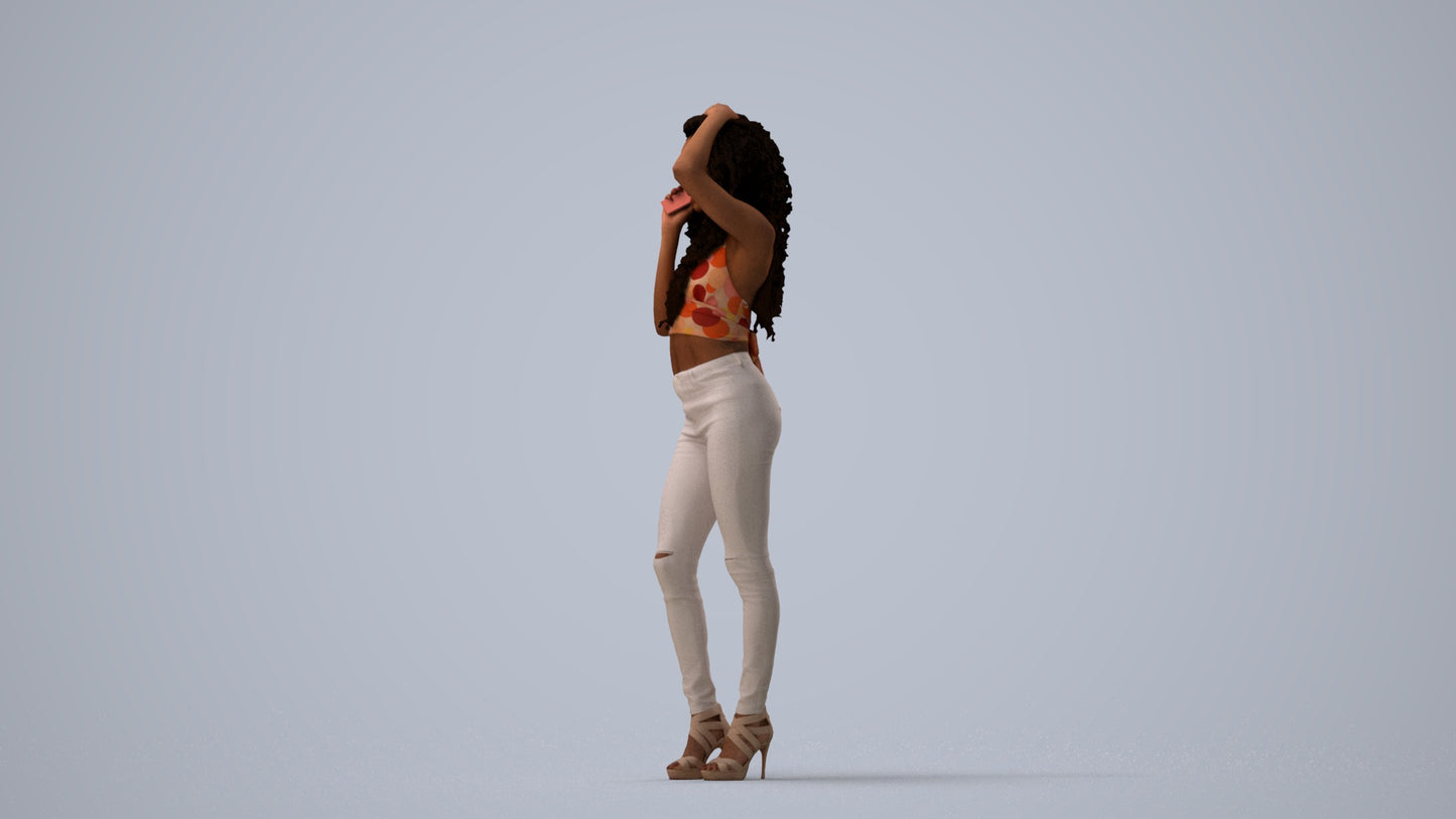 realistic 3D woman casual standing, scanned archviz people for Blender and 3ds Max, three-quarter view render