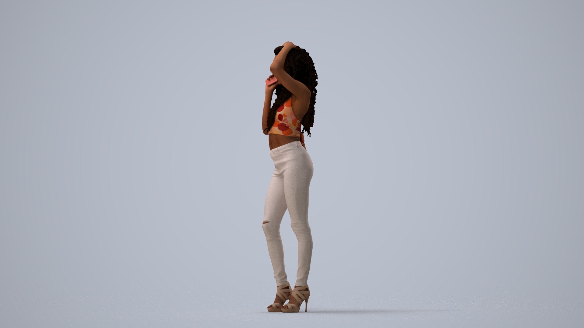 realistic 3D woman casual standing, scanned archviz people for Blender and 3ds Max, three-quarter view render