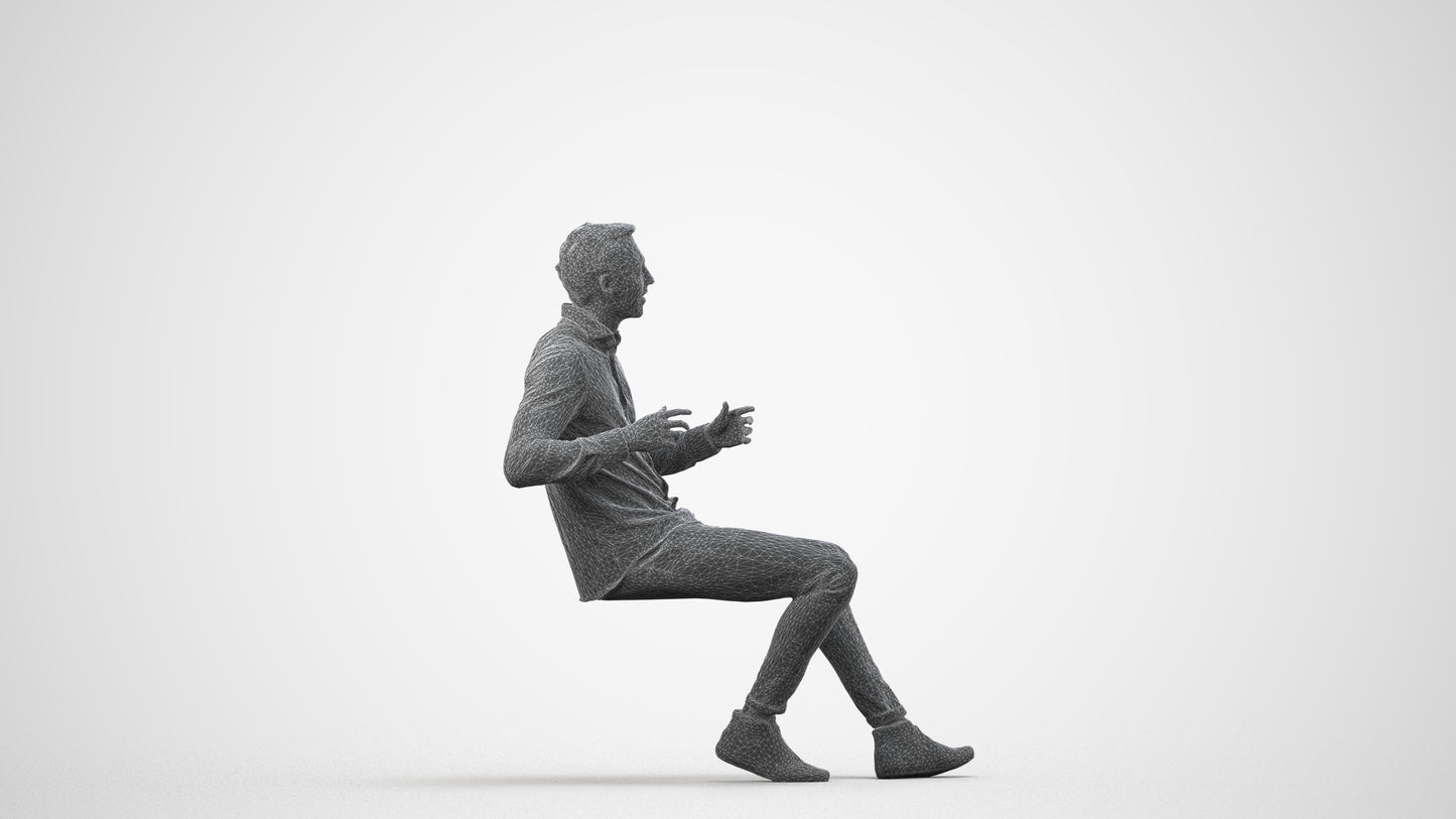 realistic 3D human man casual sitting, archviz people FBX OBJ for Blender, wireframe side view