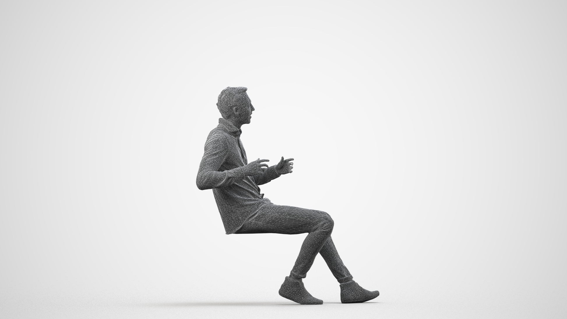 realistic 3D human man casual sitting, archviz people FBX OBJ for Blender, wireframe side view