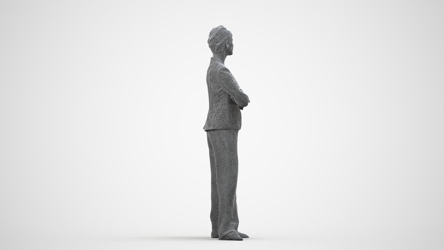 3D human model woman business, photogrammetry scanned person for archviz, wireframe side view