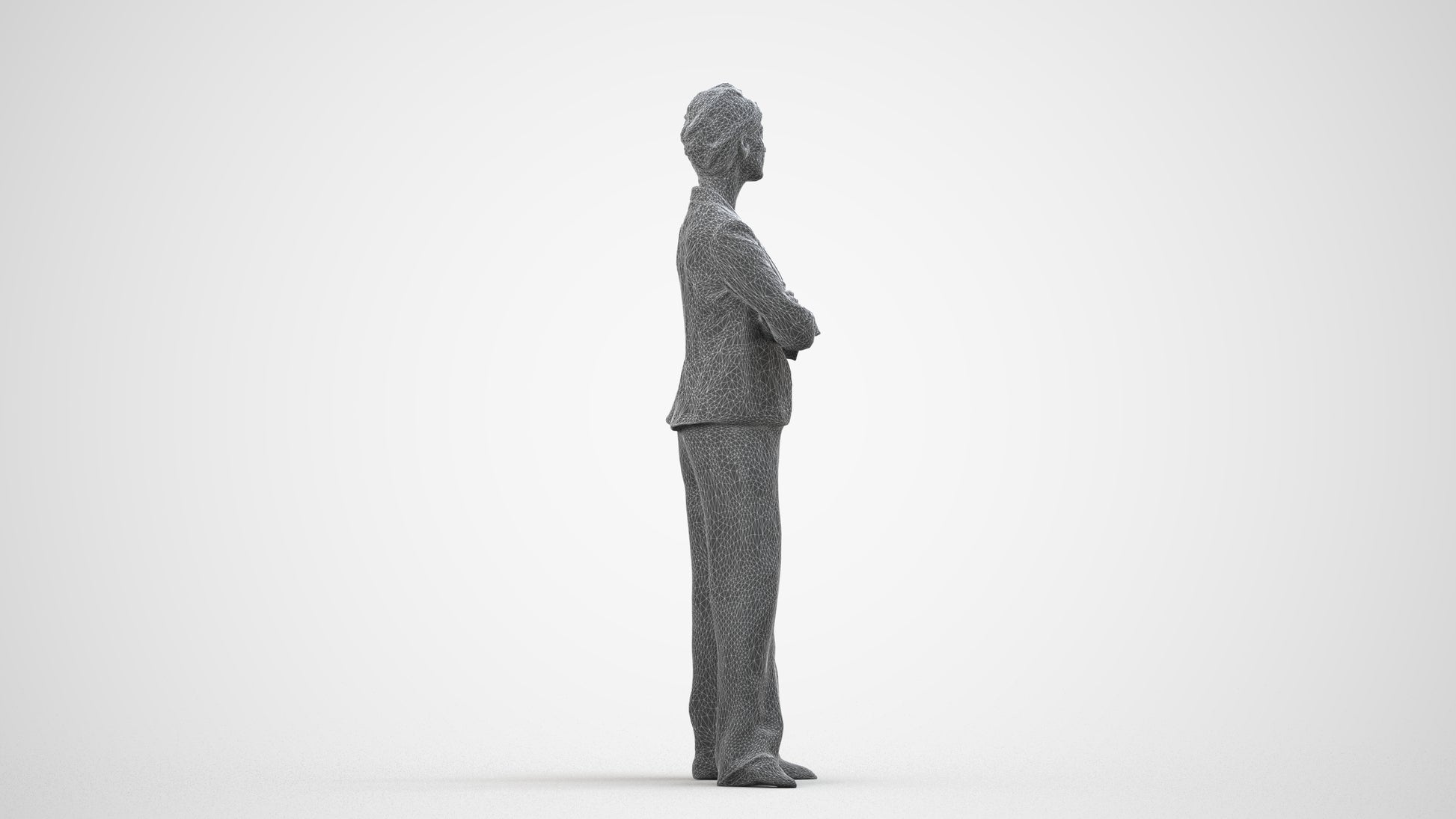 3D human model woman business, photogrammetry scanned person for archviz, wireframe side view