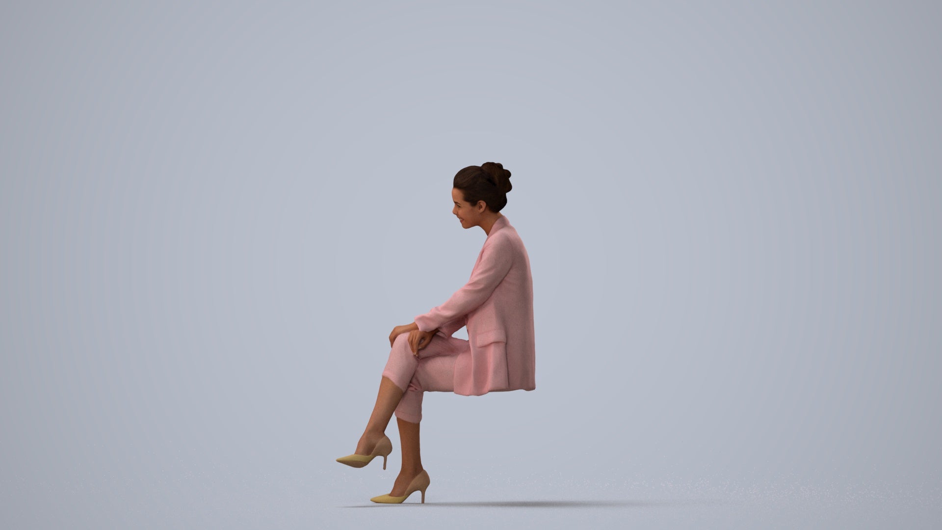 3D human model woman business sitting, photogrammetry scanned person for archviz, three-quarter view render