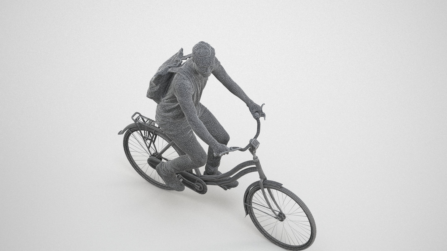 realistic 3D human man casual cycling, archviz people FBX OBJ for Blender, wireframe three-quarter view