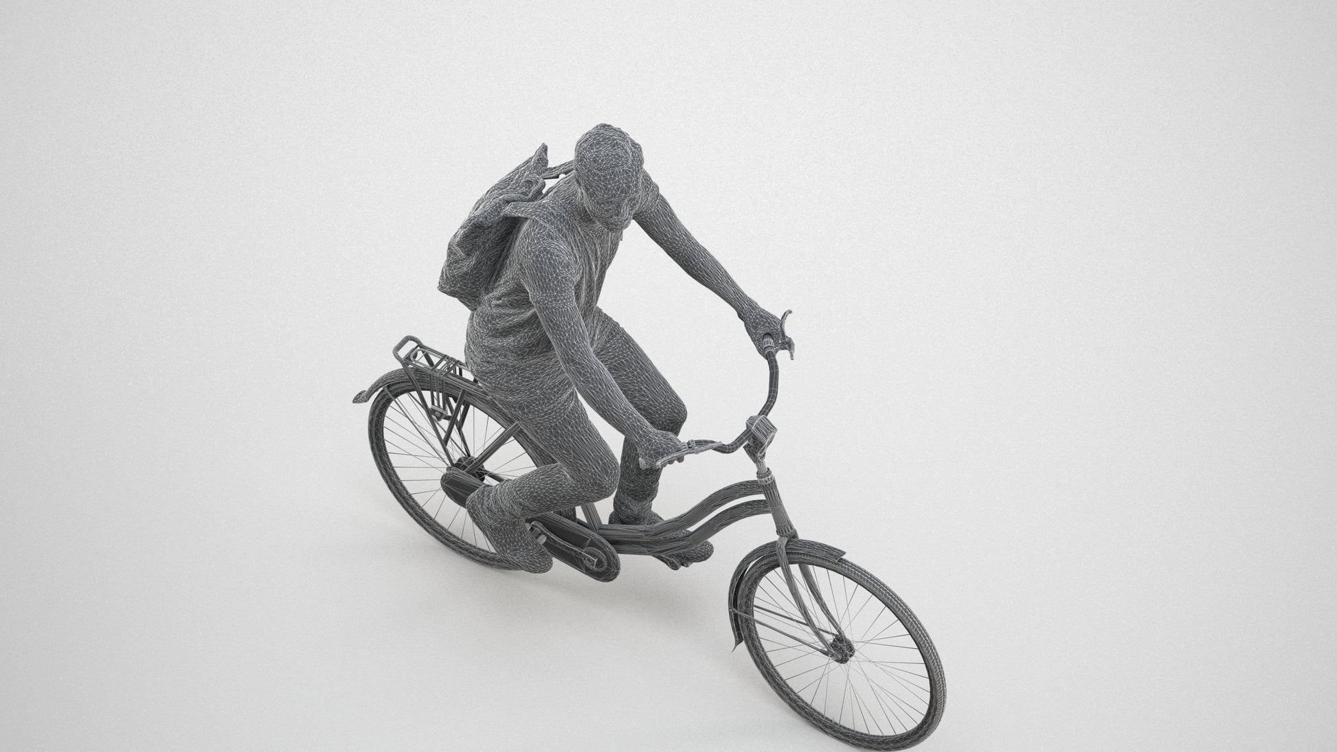 realistic 3D human man casual cycling, archviz people FBX OBJ for Blender, wireframe three-quarter view