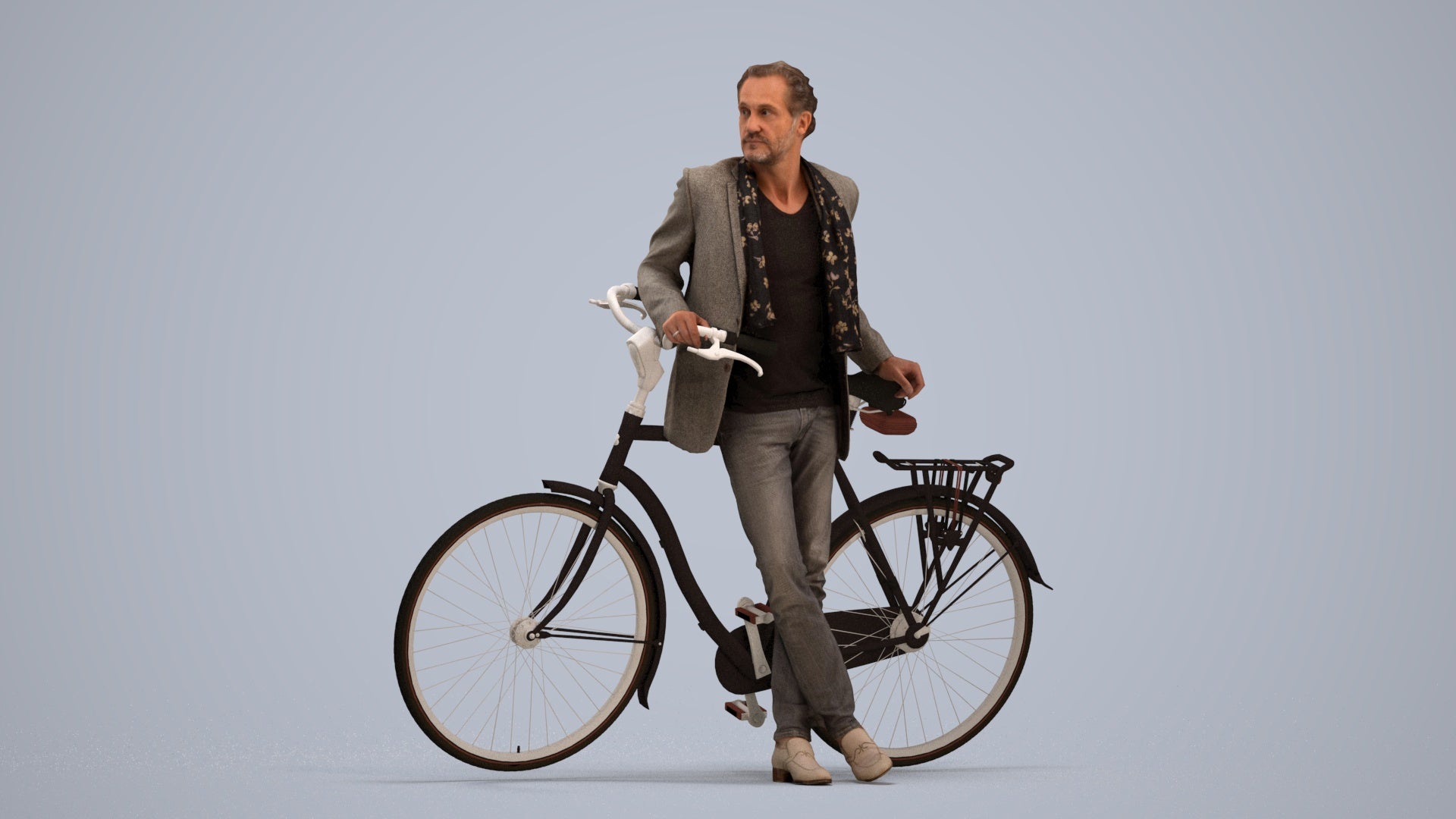3D human model man business cycling, photogrammetry scanned person for archviz, standing pose render