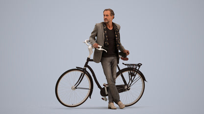 3D human model man business cycling, photogrammetry scanned person for archviz, standing pose render