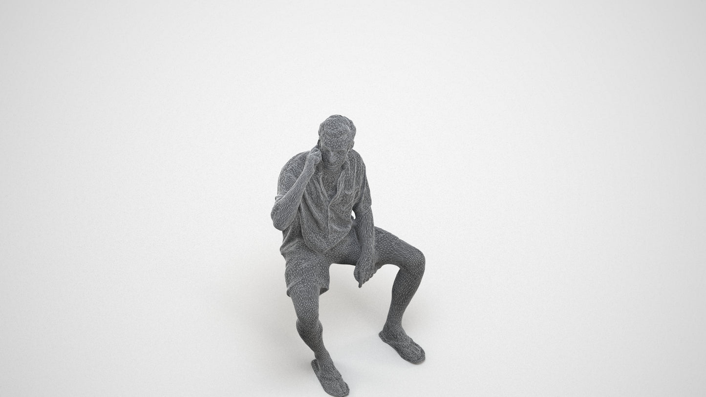 scanned 3D man casual sitting, photogrammetry people for Enscape and V-Ray, wireframe three-quarter view