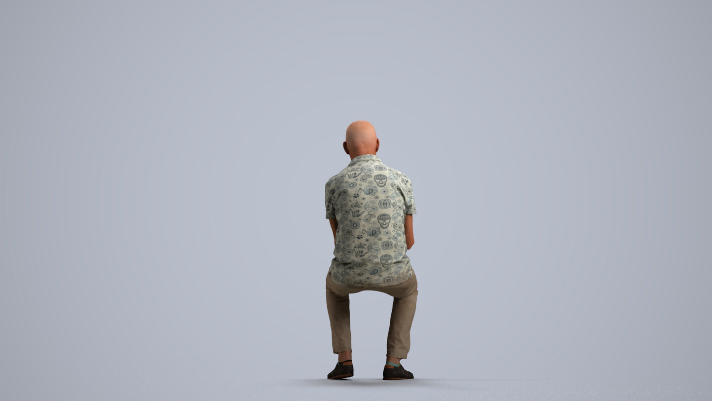 realistic 3D senior man casual sitting, scanned archviz people for Blender and 3ds Max, front view render