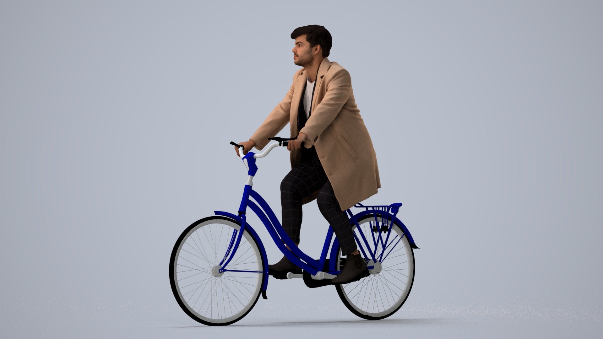 3D scanned man cycling business, photorealistic archviz people for Enscape and SketchUp, three-quarter view render