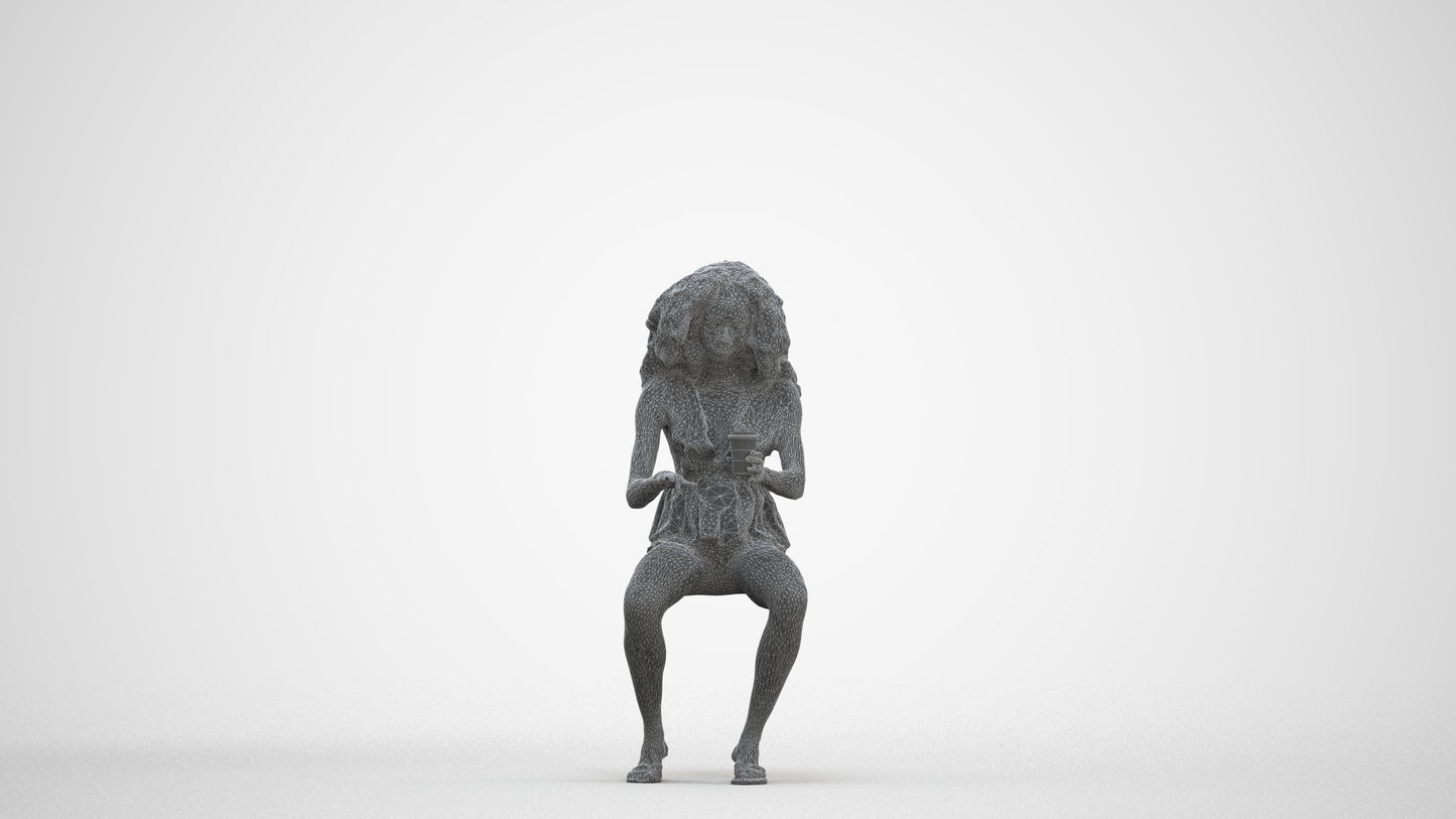 3D human model woman casual sitting, photogrammetry scanned person for archviz, three-quarter front view render
