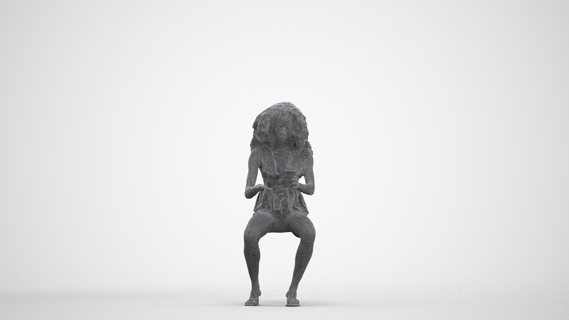 3D human model woman casual sitting, photogrammetry scanned person for archviz, three-quarter front view render