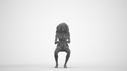 3D human model woman casual sitting, photogrammetry scanned person for archviz, three-quarter front view render