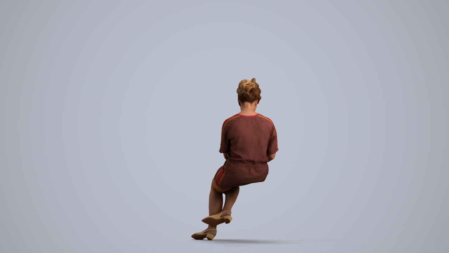 realistic 3D woman casual sitting, scanned archviz people for Blender and 3ds Max, front view render