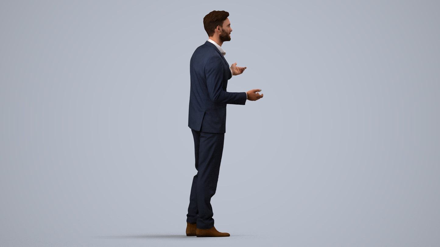 3D human model man business, photogrammetry scanned person for archviz, side view render
