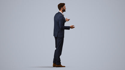 3D human model man business, photogrammetry scanned person for archviz, side view render