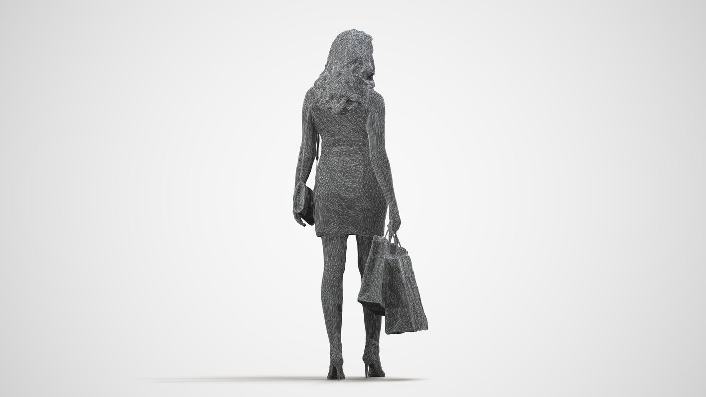 3D people model woman casual shopping, scanned human for 3ds Max rendering, wireframe side view