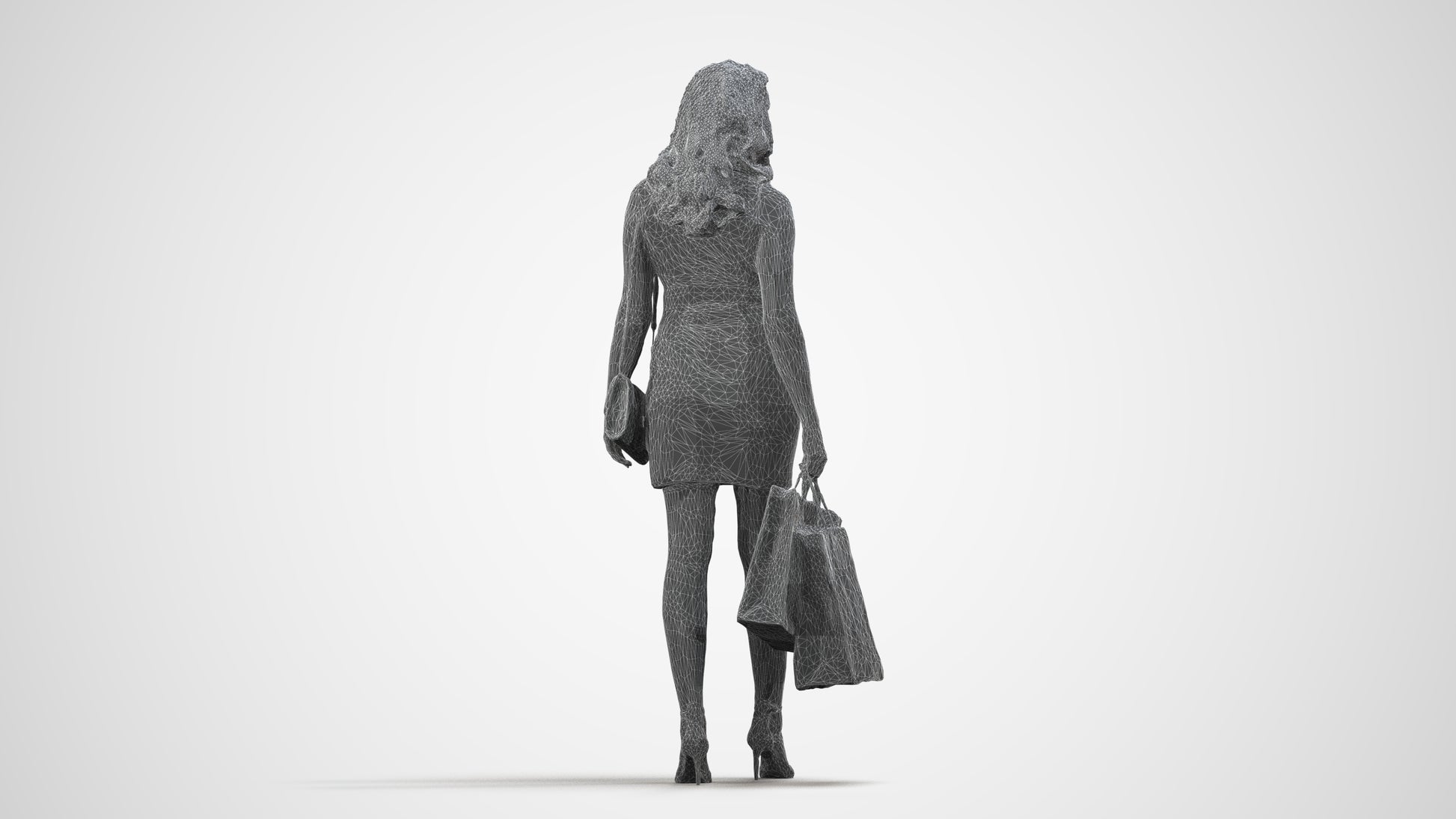 3D people model woman casual shopping, scanned human for 3ds Max rendering, wireframe side view
