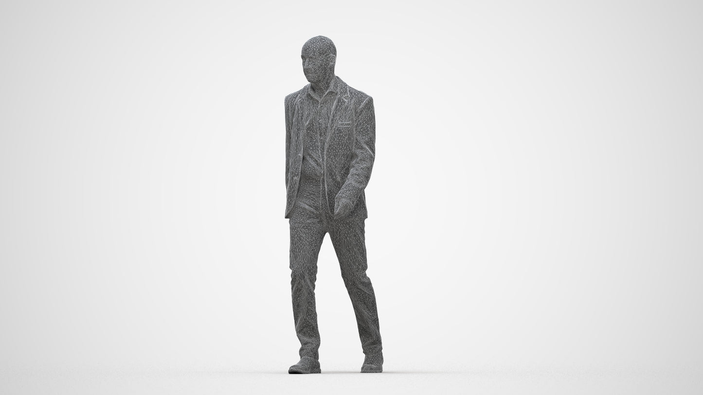 3D human model senior man business, photogrammetry scanned person for archviz, wireframe back view