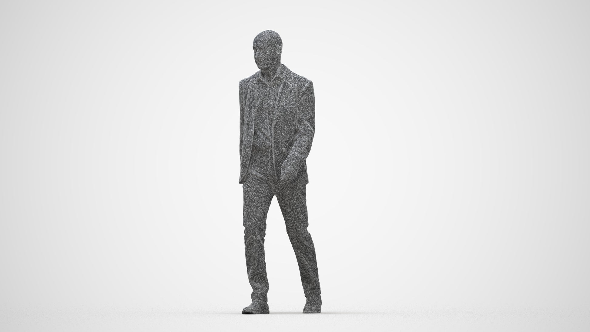 3D human model senior man business, photogrammetry scanned person for archviz, wireframe back view