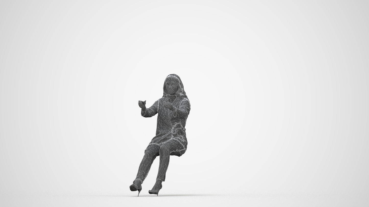 3D human model woman business sitting, photogrammetry scanned person for archviz, wireframe back view