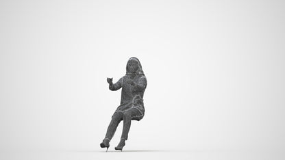 3D human model woman business sitting, photogrammetry scanned person for archviz, wireframe back view