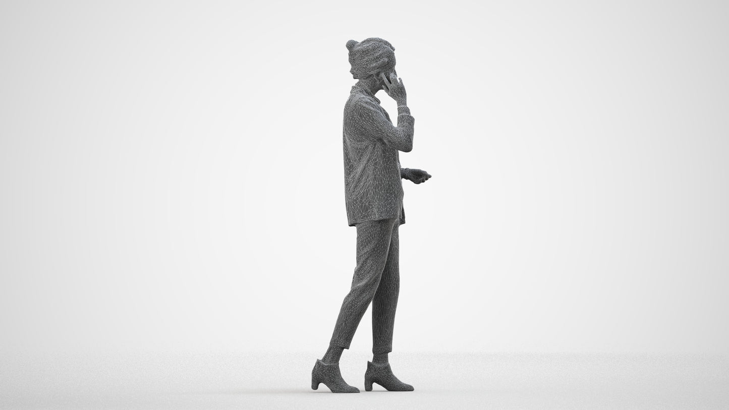 3D human model woman business, photogrammetry scanned person for archviz, wireframe side view