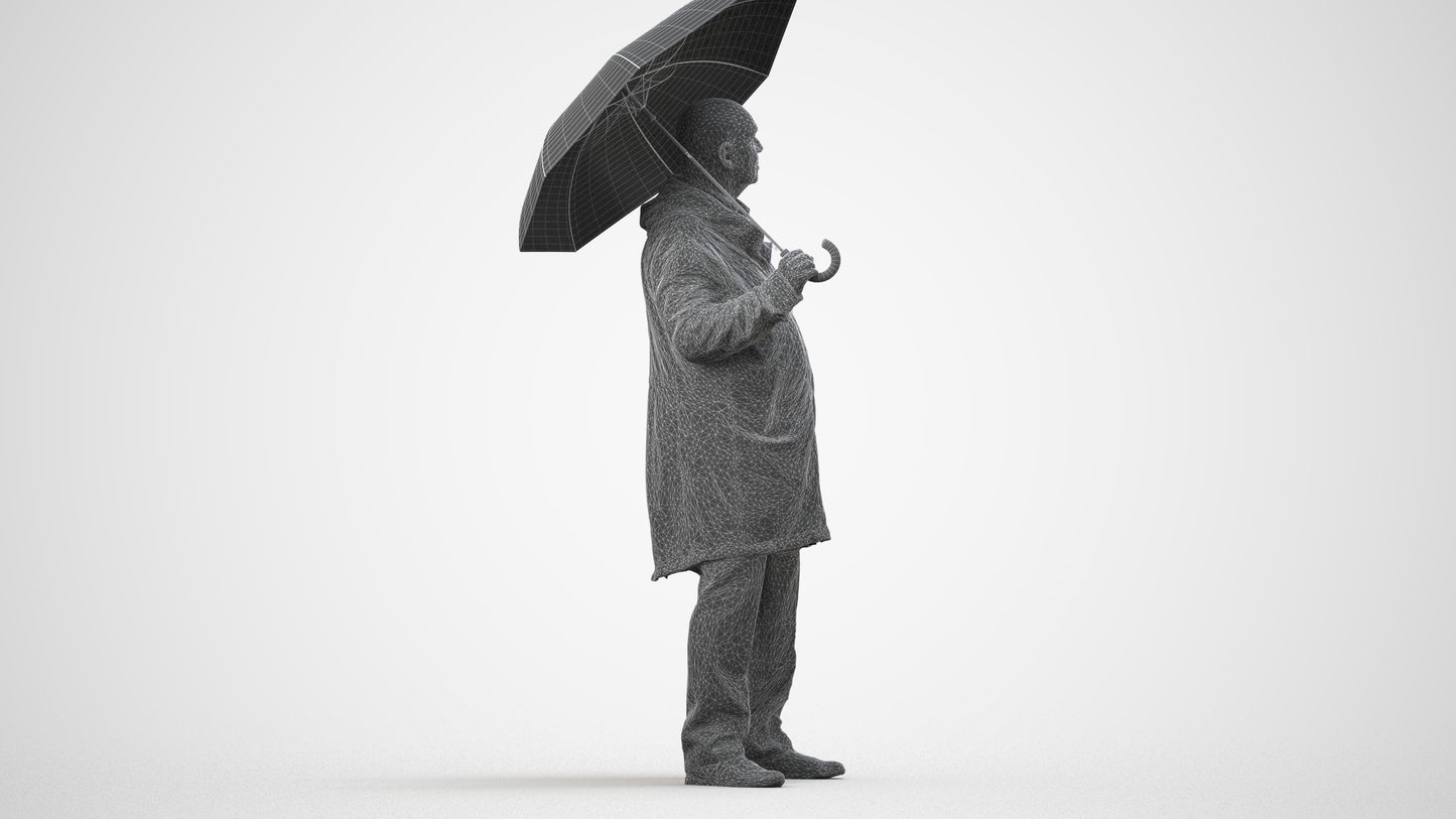 3D people model senior man business standing, scanned human for 3ds Max rendering, wireframe side view