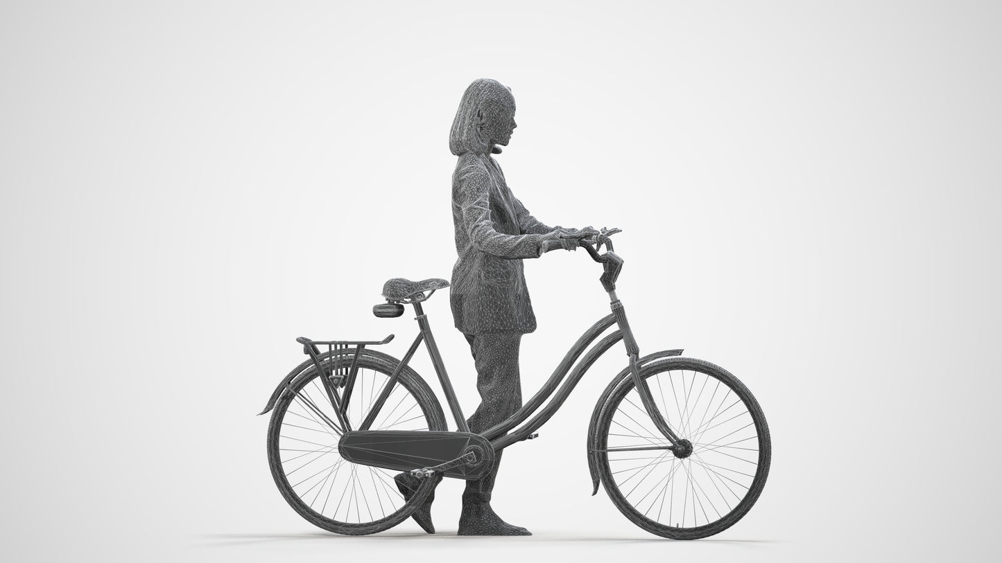 realistic 3D woman business cycling, scanned archviz people for Blender and 3ds Max, wireframe side view