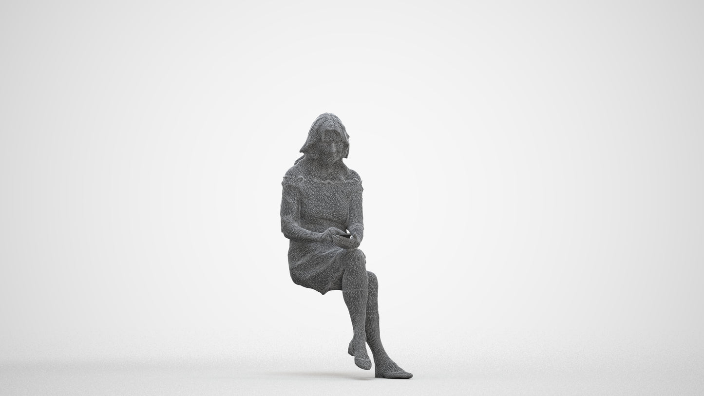realistic 3D senior woman casual sitting, scanned archviz people for Blender and 3ds Max, three-quarter front view render