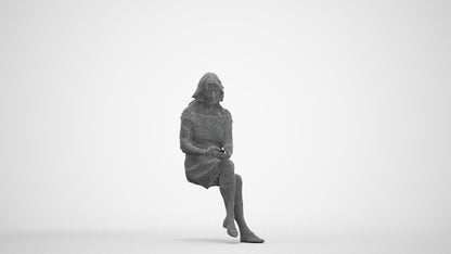 realistic 3D senior woman casual sitting, scanned archviz people for Blender and 3ds Max, three-quarter front view render