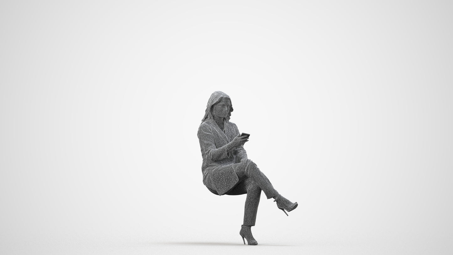photogrammetry 3D woman business sitting, realistic human model archviz FBX, wireframe side view