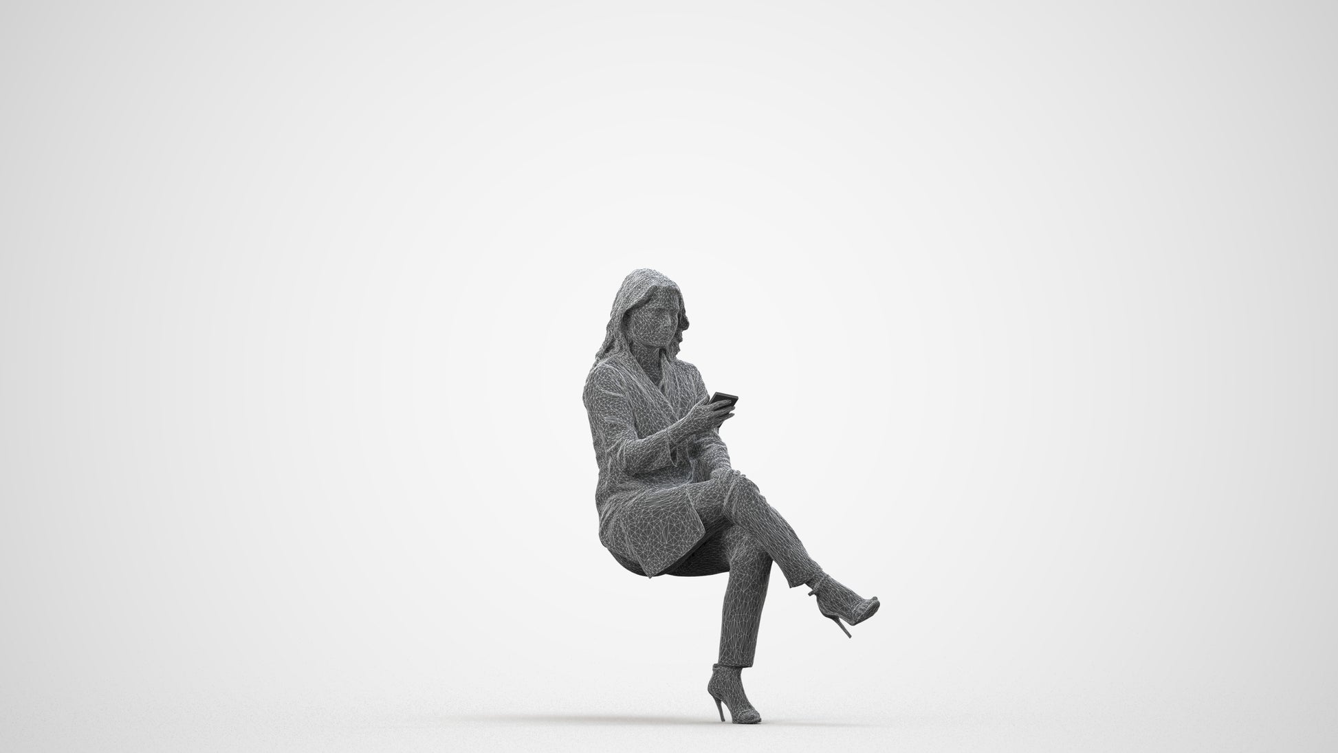 photogrammetry 3D woman business sitting, realistic human model archviz FBX, wireframe side view