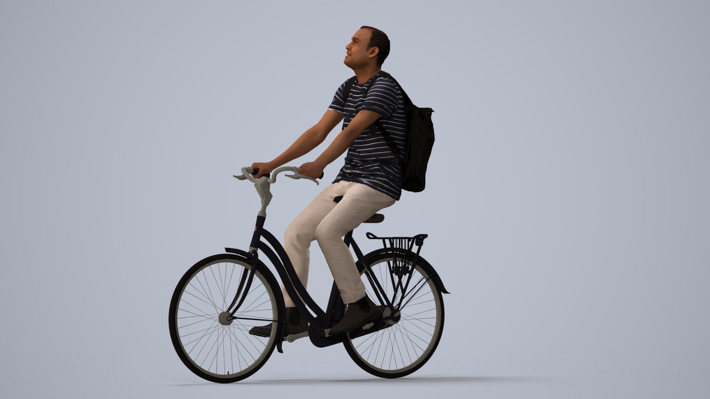 photogrammetry 3D man casual sitting, realistic human model archviz FBX, three-quarter view render