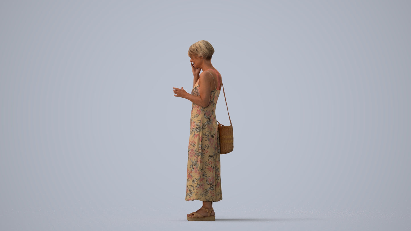 realistic 3D human senior woman standing, archviz people FBX OBJ for Blender, three-quarter view render