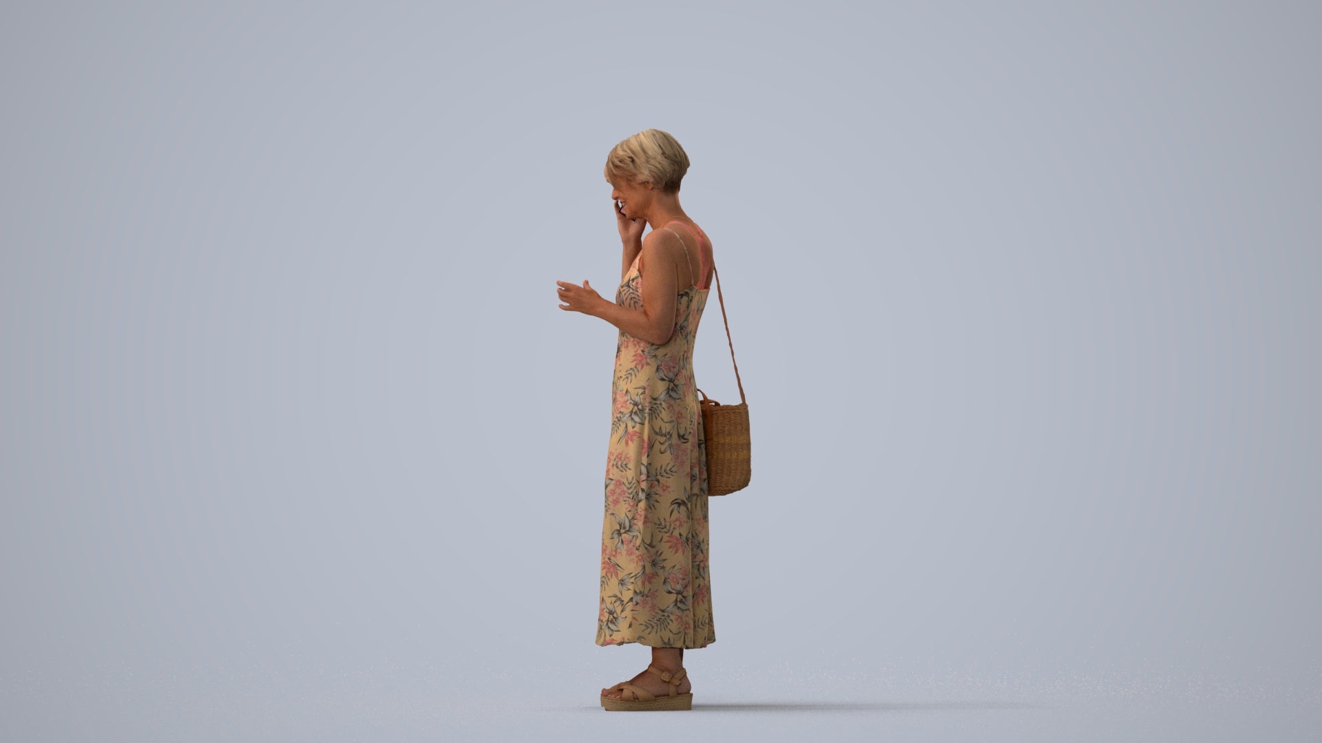 realistic 3D human senior woman standing, archviz people FBX OBJ for Blender, three-quarter view render