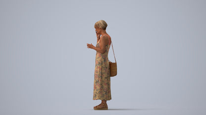 realistic 3D human senior woman standing, archviz people FBX OBJ for Blender, three-quarter view render