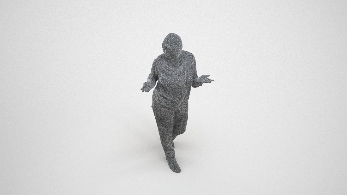 realistic 3D human woman casual walking, archviz people FBX OBJ for Blender, wireframe three-quarter view